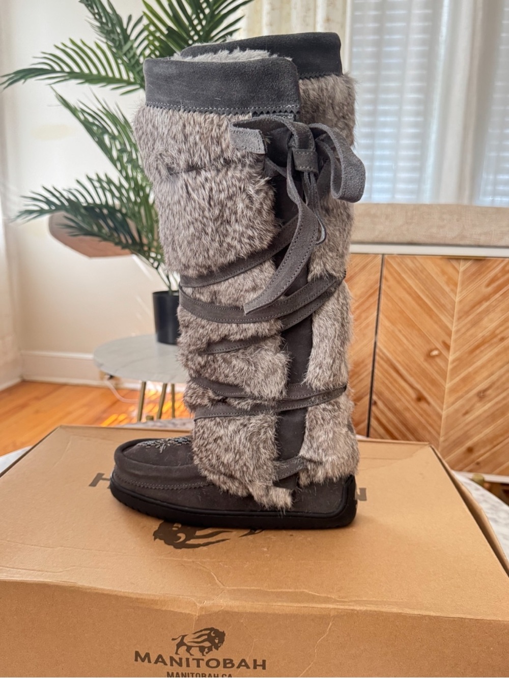 Manitobah Women's Gray Fur Moccasin Boots - Tall Lace-Up